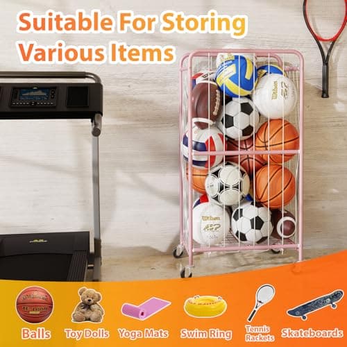 Olldide 210L 43-Inch Large Ball Storage Basket with Wheels, Rolling Cart Sports Equipment Garage Organizer with Elastic Rope for Easy Access, Holder For Basketball, Soccer, Volleyball, Football - Thumbnail 6