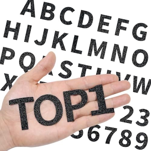 WRTUUED 108 Pieces Iron On Letters for Clothing, 3 Sets Black Glitter Small Heat Transfer Vinyl Letter with A-Z Iron on Numbers 0-9 Alphabet for Fabric Shirts, Jerseys, Bags Designs DIY Crafts - Image 1