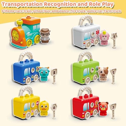 Montessori Train Toys for 2 3 4 Year Olds - Toddler Learning Train Set with Lights & Sounds, 6 Vehicle Transport, Lock & Key Activity, Farm Animal Finger Puppets, Easter Birthday Gift for Boys Girls - Thumbnail 3