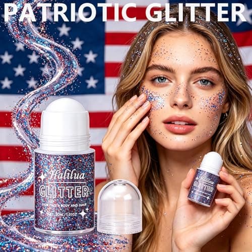 Red White and Blue Body Glitter Gel,4th of July Accessories Roll-on Face Glitter,Sparkling Face Hair Glitter for 4th of July Outfits Women Kids,Patriotic Glitters President's Day Rave Festival Makeup - Thumbnail 2