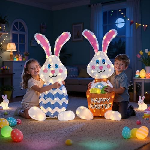 Outdoor Easter Rabbit Yard Decorations, 38 Inch Lighted Metal Decor with 120L, Set of 2 Plug-in LED Bunny Couple Festive Holiday Ornaments for Garden Patio Yard Porch Lawn Display - Thumbnail 6