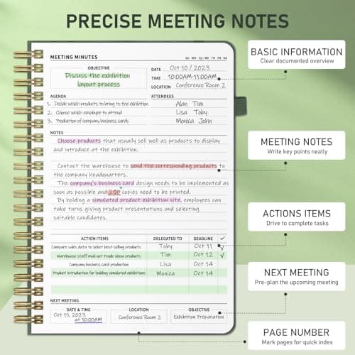 WEMATE Meeting Notebook for Work B5 (7"x10") - PU Leather Work Notebook with Agenda, Action Items & Notes - 200 Pages for Men&Women, Staff and Students, Meeting, Projects Planning - Olive Green - Thumbnail 3