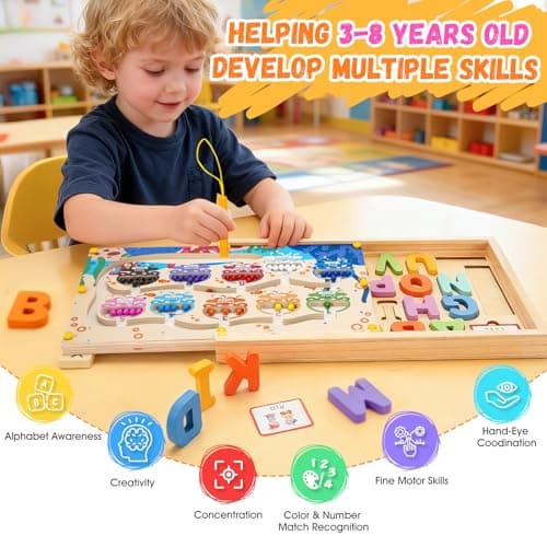 LIOKLICK 4-in-1 Magnetic Color and Number Maze Toys Box with Alphabet Puzzles Drawing Board, Wooden Storage Montessori Toy for 3-5 Year Old, Toddlers Educational Learning Toy Gifts for Kids Boys Girls - Thumbnail 5