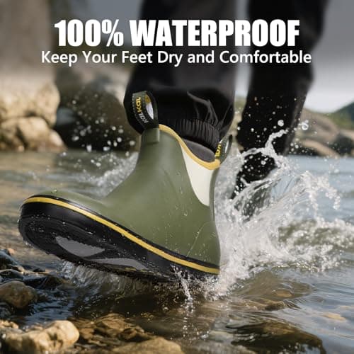 Kalkal Men's Deck Boots Anti-Slip Saltwater Fishing Rain Boots with Memory Foam, Waterproof Rubber Ankle Work Boots for Sailing (Lime Green, Size13) - Thumbnail 6