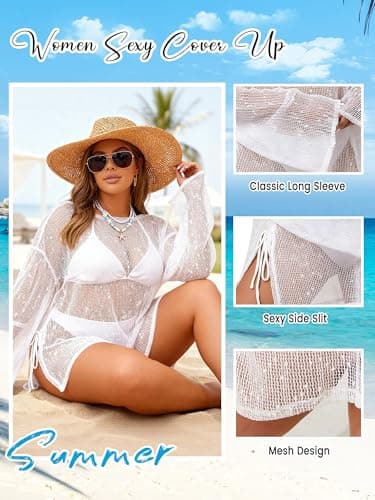 MK Shop Limited Plus Size Swimsuit Coverup for Women Sexy Crochet Bathing Suit Cover Up Mesh Sheer Summer Curvy Kaftan Beach Dress 2026 White XL - Thumbnail 6