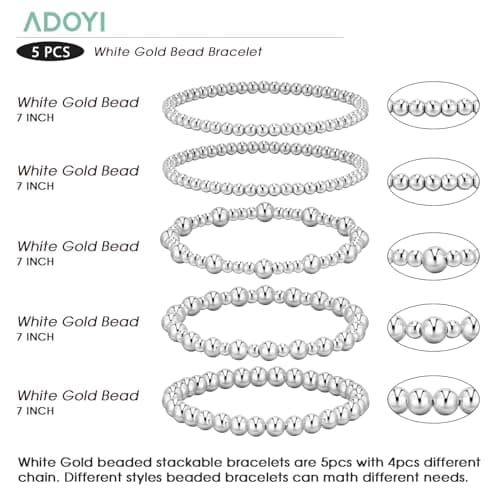 adoyi Silver Bracelets for Women, 14K Gold Plated Beaded Strand Bead Ball Bracelets stack Set Adjustable Set Trendy Non Tarnish Jewelry Sets for Gifts - Thumbnail 5
