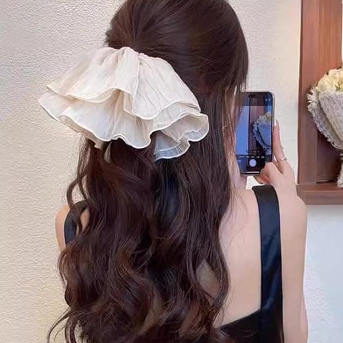 Jseng 2PCS Extra Large Scrunchies for Hair, Korea Lace Hair Ties, Beige and Black - Thumbnail 3