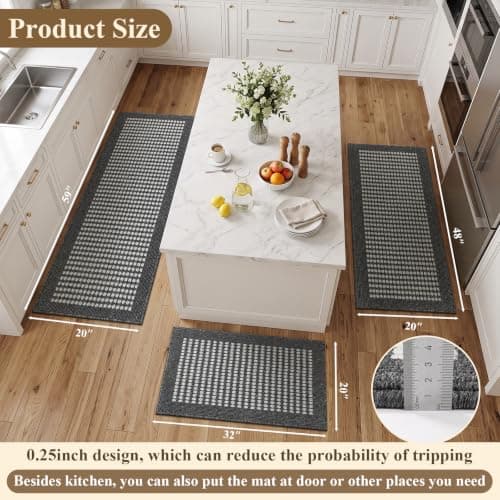 Ileading Kitchen Mat Sets 3 Piece Minimalist 3D Lattice Kitchen Floor Rugs with Non Slip Rubber Backing Machine Washable Farmhouse Runner Rugs for Laundry Hallway Doormat(Black) - Thumbnail 6