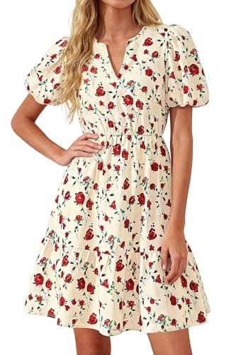 dowerme Women Summer Casual Dresses 2026 Puff Short Sleeve V Neck Floral Boho Midi Dress Flowy Ruffle Spring Sundress(Floral Apricot Red,XX-Large) - Image 1