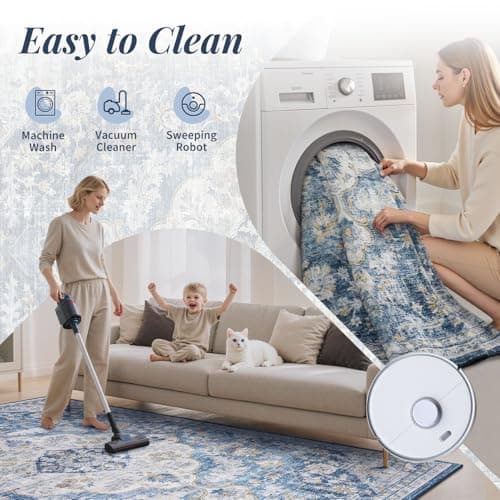 tchdio 5x7 Area Rugs for Living Room, Vintage Non Slip Washable Rug, Soft Low Pile Area Rug Large Floor Indoor Carpet for Bedroom, Dining Room, Office (Blue, 5'x7') - Thumbnail 5