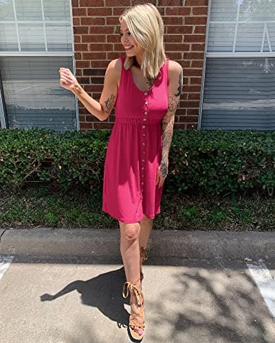 BTFBM Women Sleeveless Summer Dress 2025 Crewneck Ribbed Knit Ruffle Swing Button Down Beach Sun Mini Tank Short Dresses(Buttons Rose Red, Medium) - Thumbnail 5