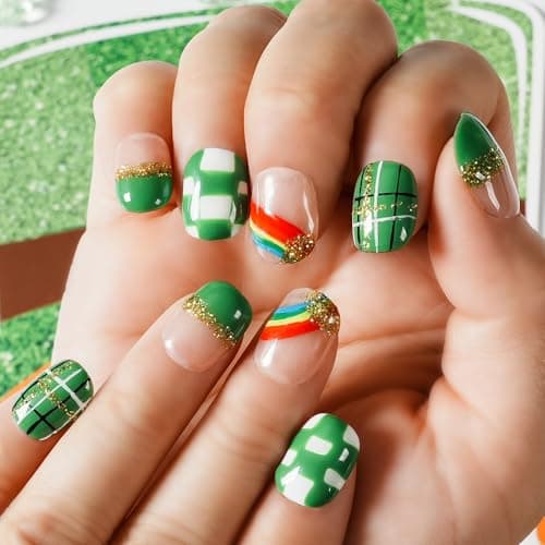 Tesytto St. Patrick’s Day Press On Nails Extra Short Round - Hand-painted Check Designs & Rainbow, Glitter Acrylic False Nails for St. Patrick Party Accessory (Green & Gold Rainbow Starlight, S) - Thumbnail 3