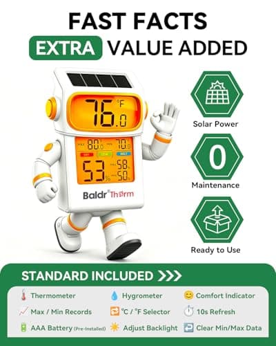 BALDR 2-Pack Indoor Thermometer Humidity Meter, Digital Hygrometer with Backlight, Solar Powered Room Temperature Monitor with Backup Battery, Max Min Records & Comfort Indicator - Thumbnail 2