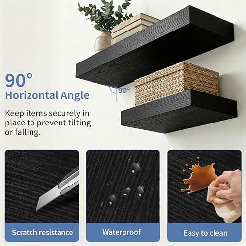 Mifurn Floating Shelves Bathroom for Wall, Bathroom Shelves Over Toilet, Wall Shelves & Book Shelf, Hanging Shelf, Modern Wooden Wall-Mounted Small Floating Shelves, 12x7x1.5 in (Black, Set of 2) - Thumbnail 5