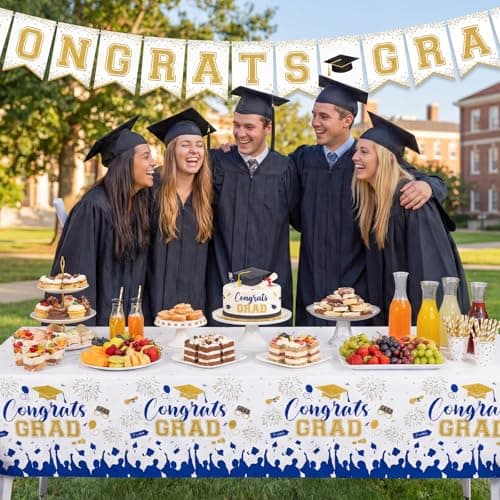 NatNarr 3 Pack Plastic Graduation Tablecloth, Graduation Decorations 2026 Disposable Rectangle Blue White Table Cover, 2026 Gongrats Grad Table Cloths for Graduation Party Decorations, 54x108Inch - Thumbnail 5