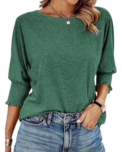 BTFBM Womens Tops Dressy Casual Summer T Shirts 2026 Crewneck 3/4 Sleeve Beach Vacation Loose Tunic Spring Work Blouse(Dark Green, Small) - Image 1