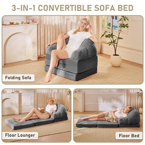 wanan 3-in-1 Folding Sofa Bed, Convertible Boneless Chair to Floor Lounger with Back Support & Portable Handle, Comfy Couch for Small Spaces Living Room Bedroom, Grey - Thumbnail 4