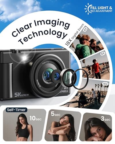 True 5K Digital Camera for Photography, Autofocus 80MP with 18X Digital Zoom 3" 270°Flip Screen Dual-Lens Selfie Camera for YouTube Vlogging & Content Creation, 2 Batteries, 32GB Card & Flash，Black - Thumbnail 4