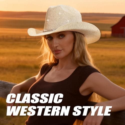 Sequin Cowboy Hat for Men & Women – Sparkly Cowgirl Hat with Thread Detail, Stylish Cowboy Hat Men Love for Parties, Festivals & Western Outfits - Beige - Thumbnail 2
