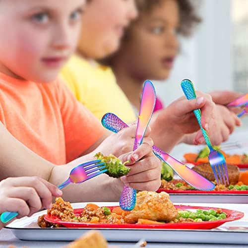 LIANYU 12-Piece Rainbow Kids Silverware Set, Stainless Steel Toddler Utensils, Hammered Preschooler Metal Flatware Cutlery Set, Children Tableware Includes Knives Forks Spoons, Dishwasher Safe - Thumbnail 5