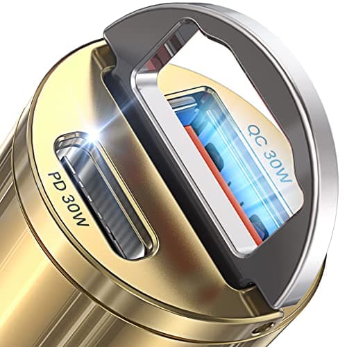 AINOPE 60W USB C Car Charger Fast Charging for iPhone 17 Pro Max Plus,[Smallest Metal] Car Charger USB C PD30+QC30W 3.0 Dual Port Cigarette Lighter Charger for iPhone 16 15 Samsung, Gold Kits