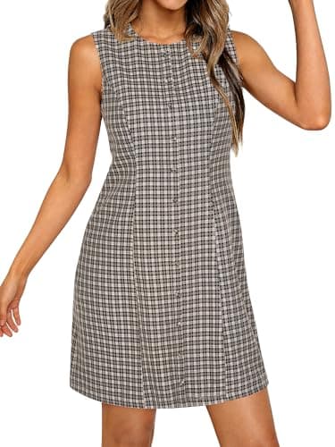 BTFBM Summer Dresses for Women 2026 Plaid Sleeveless Zip Up A Line Mini Dress Business Casual Vacation Gingham Sundress(Black Grey, XX-Large) - Thumbnail 5