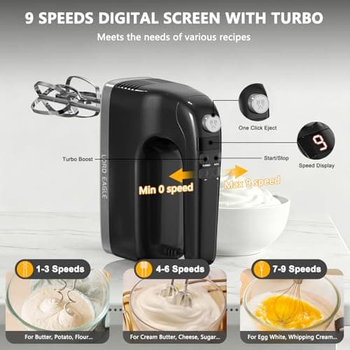 Lord Eagle 9-Speed Digital Hand Mixer Electric Handheld, 500W DC Motor - Thumbnail 2