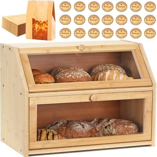 Wcatea Bread Box for Kitchen Countertop, Large Double Layer Bamboo Bread Storage Bin with Clear Door, Extra Wide Farmhouse Bread Holder for Homemade Sourdough, Pastries & Snacks (Natural Bamboo)