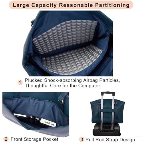 YZAOLL 15.6 Inch Laptop Tote Bag for Women,Water-resistant Vegan Leather with Anti-Scratch Padded Sleeve,Lightweight Multi-Pocket Work Bag for Business Travel,College,Office Essentials,SeaBlue - Thumbnail 4