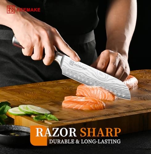 KEEMAKE Santoku Knife - 7 Inch High Carbon Japanese Chefs Knife with Ergonomic Pakkawood Handle and Sheath, Gifts for Mom or Dad, Kitchen Gadgets with Gift Box, Father Day Gifts - Thumbnail 2