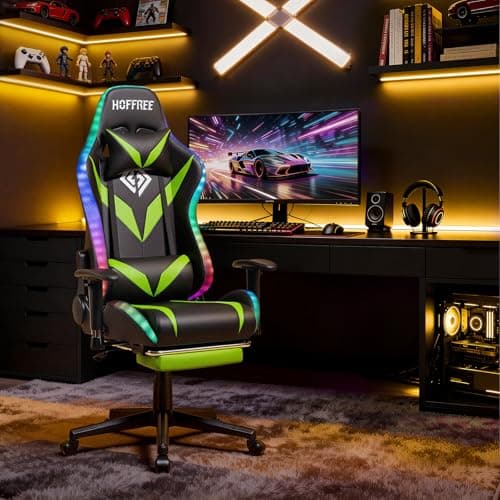Led Gaming Chair with Speakers Massage 165° Reclining Computer Chairs-Green - Thumbnail 2
