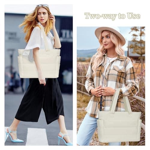 JHhomezeit Puffer Tote Bag for Women-Large Work Tote Bags Quilted Lightweight Puffy Bags Shoulder Bag with Laptop Compartment Beige - Thumbnail 2