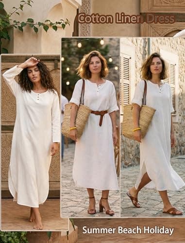 Celmia Cotton Dress for Women Summer 3/4 Sleeve Split Linen T Shirt Dresses Split Hem White Medium - Thumbnail 2