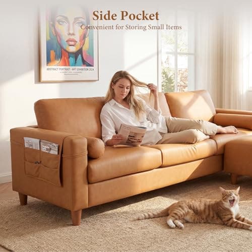 Vesgantti 100" L Shaped Faux Leather Couch with Movable Ottoman, 3 Seater PU Leather Sectional Sofa with Side Pocket, Mid Century Modern Modular Couch for Living Room, Bedroom, Cognac Tan - Thumbnail 5