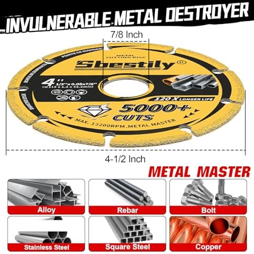 Sbestily Diamond Cutting Wheel 4 1/2 x 7/8 Inch for Metal, Cut Off Wheels with 5000+ Cuts on Rebar, Steel, Iron,INOX, Ceramic, Tiles, Angle Grinder Attachment Cutting Blades (3PCS) - Thumbnail 4