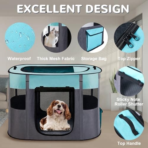 Portable Dog Cat Playpen with Waterproof Pad,Collapsible Pet Puppy Kitten Crate,Foldable Small Animals Kennel Cage for Indoor Outdoor Travel Camping,Water-Resistant Breathable Shade Cover (Green M) - Thumbnail 4