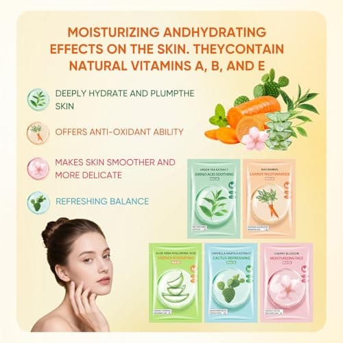 Sheets Face Masks Skincare for All Skin Types, Hydrating Facial Sheets Mask for Firming, Sheet Mask with Cherry Blossom Cactus Aloe Vera Facial Sheet For Moisturizing, Soothing, Face Mask for Women - Thumbnail 4