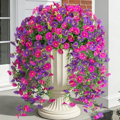 Fake Artificial Hanging Morning Glory Flowers for Outdoor Planters Porch Pation Decoration,2 Bundles UV Resistant Silk Faux Flowers with Realistic Eucalyptus Plants for Home Office Garden Decor - Image 1