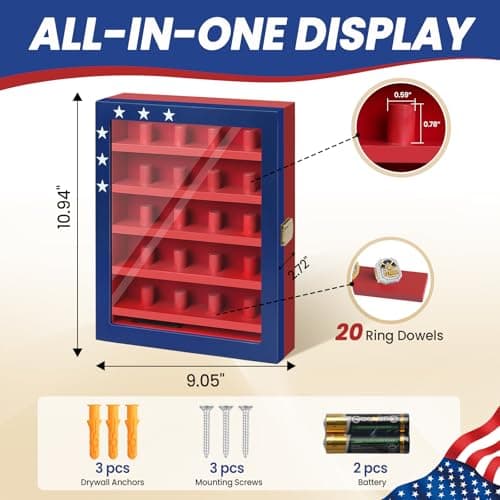 JWHOO Championship Ring Display Case - 20 Ring Posts Baseball Ring Holder, Softball Ring Display Case with LED Light, Wall Mount Wooden Shadow Box for Display Sports Champion Rings - Red & Blue - Thumbnail 4