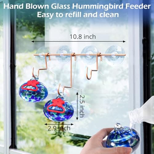 Pozfun Window Hummingbird Feeder with Suction Cups,Hand-Blown Glass Hummingbird Feeders for Outdoors Window Mounted with Metal Hook,Close Bird Watching,Finch in Garden,Yard(Dotted Blue) - Thumbnail 3