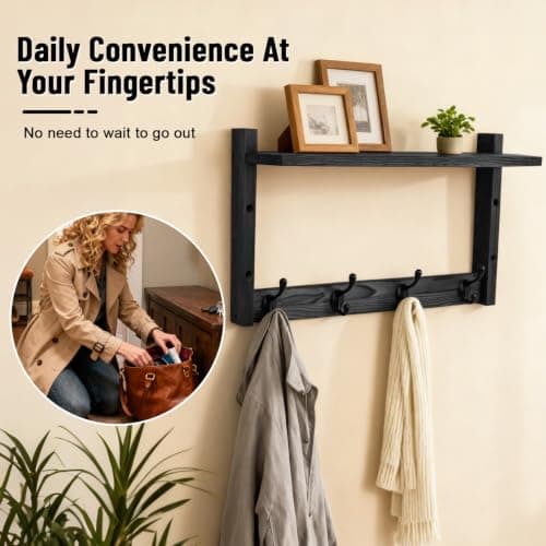 Dellicasi 28" Coat Rack Wall Mount with Shelf, Entryway Key Holder Wall Mount Wood Wall Coat Hooks with 7 Hooks 3 Key Hanger, Wall Mounted Coat Rack Mail Holder for Living Room, Bedroom - Thumbnail 5
