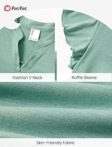 PATPAT Girls Ruffle Short Sleeve Shirts Size 7-8 Years Light Green Summer V Neck Solid Tee Tops Little Girl Casual Cute Fashion Blouse - Thumbnail 6