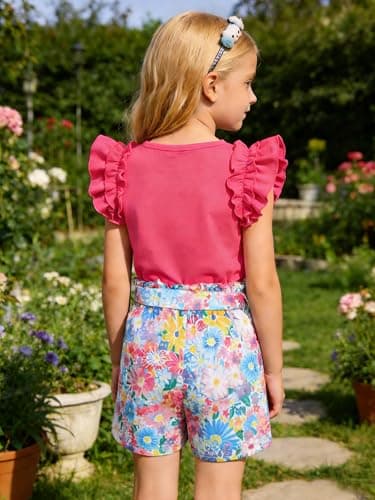 AMAWMW Girls 2 Piece Outfit Summer Clothes Ruffle Sleeve Shirts Top Paperbag Waist Shorts With Pockets Kids Clothing Set, Hot Pink, 11-12 Years - Thumbnail 4