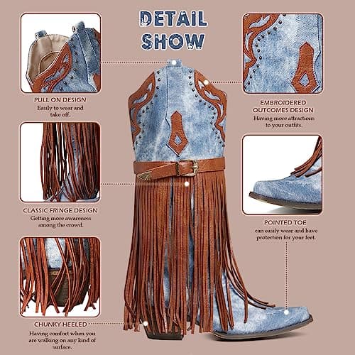 SaraIris Women's Blue Western Mid Calf Boots, Size 9.5, Knee-High, Fringe, Pull-On, Pointed Toe, Embroidered, Slip-Resistant, Water-Resistant, Kitten Heel - Thumbnail 5