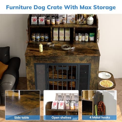 Petrova 33" Dog Crate Furniture with Storage Shelf & 2 Stainless Steel Bowls, Heavy Duty Indoor Dog Kennel for Medium/Small Dogs, Wooden Dog Cage with 4 Hooks, LED Light, Walnut Brown - Thumbnail 5