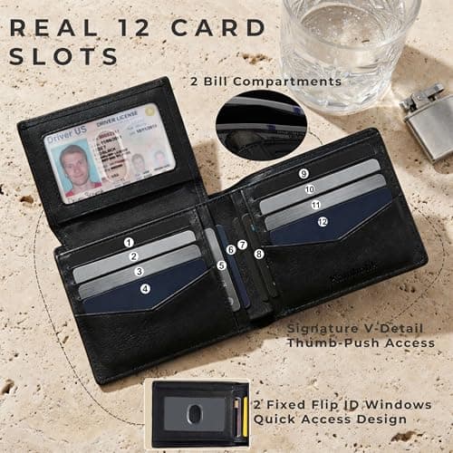 Kamhohk Billfold Wallet for Men: RFID Blocking Genuine Leather Slim Bifold, 12 Card Slots & 2 ID Windows with Gift Box, Black - Thumbnail 4