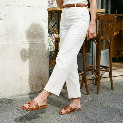 Rihero Women's Dressy Flat Sandals Comfortable Slip On Leather Slide Tan Sandals Size 7 - Thumbnail 3