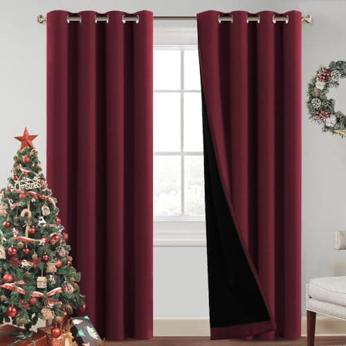 PrinceDeco Christmas Decorations 100% Blackout Curtains for Bedroom Sound Proof Drapes with Backing Full Light Blocking Panels for Patio Sliding Door Grommet Curtains 2 Sets (Burgundy Red, 52x96 in) - Image 1