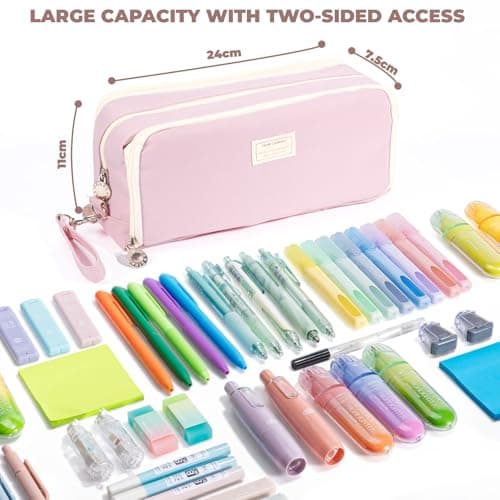 Four Candies Pink Pencil Case 3 Compartment, Large Pencil Pouch with Removable Handle & Zipper, Cute Stationery Organizer Big Pencil Case for Markers, Pencil Bag for Office College, Pink - Thumbnail 2