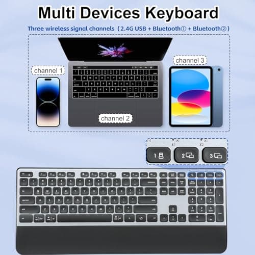 CITLLA Wireless Keyboard, Rechargeable Full Size Multi-Device Bluetooth Keyboard with Wrist Rest, 3-Level Backlit, for Computer, Laptop, Tablet, Smartphone, Office,（US Layout） - Thumbnail 6